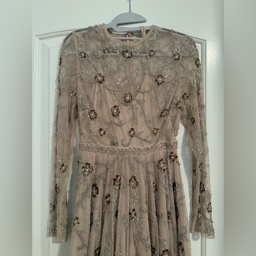 Mac Duggal Embellished Long Sleeve Dress in Beige